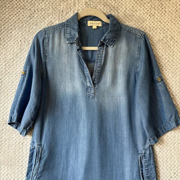 Cloth & Stone Dress Women S Blue Tencel Chambray Shirt Collar V-Neck Pockets - Picture 4 of 14